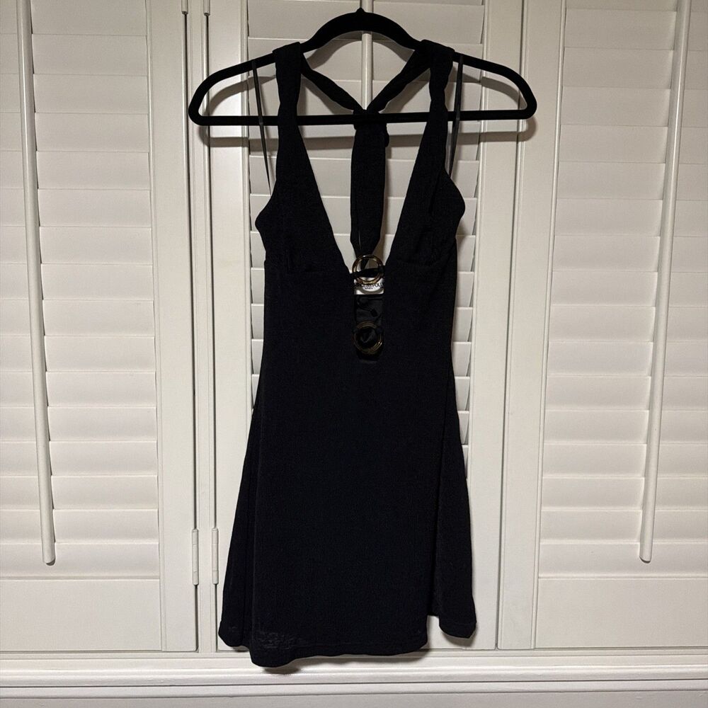 Princess Polly Plunge Neck Ring Detail Mini Dress Black US 4